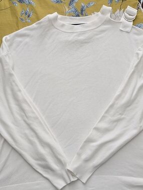 DKNY Off Shoulder White Ribbed Sweater with Shoulder Ring